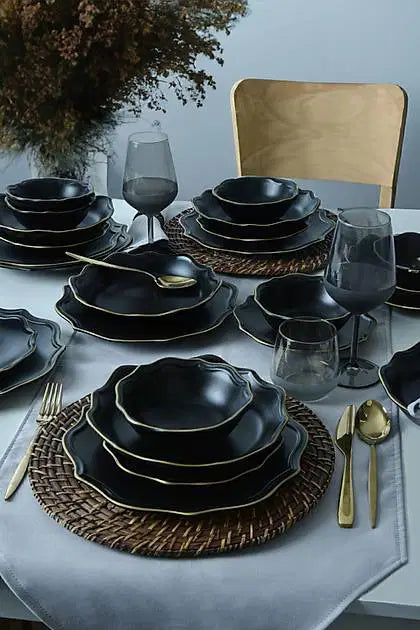 KERAMIKA Mat Siyah Gold Fileli Romeo Yemek Takımı 24 Parça 6 Kişilik