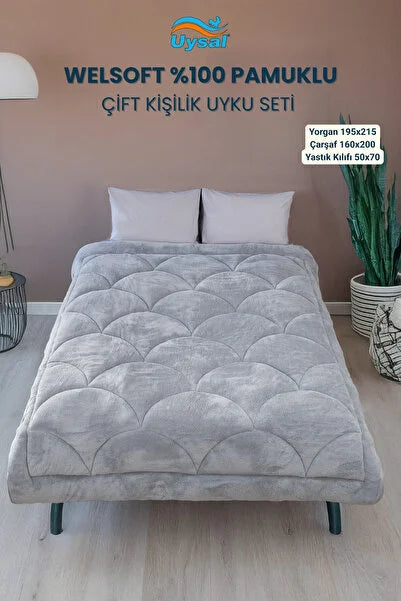 UYSAL WELSOFT AKFİL MİDYE DESEN ÇİFT KİŞİLİK UYKU SETİ GRİ 195x215
