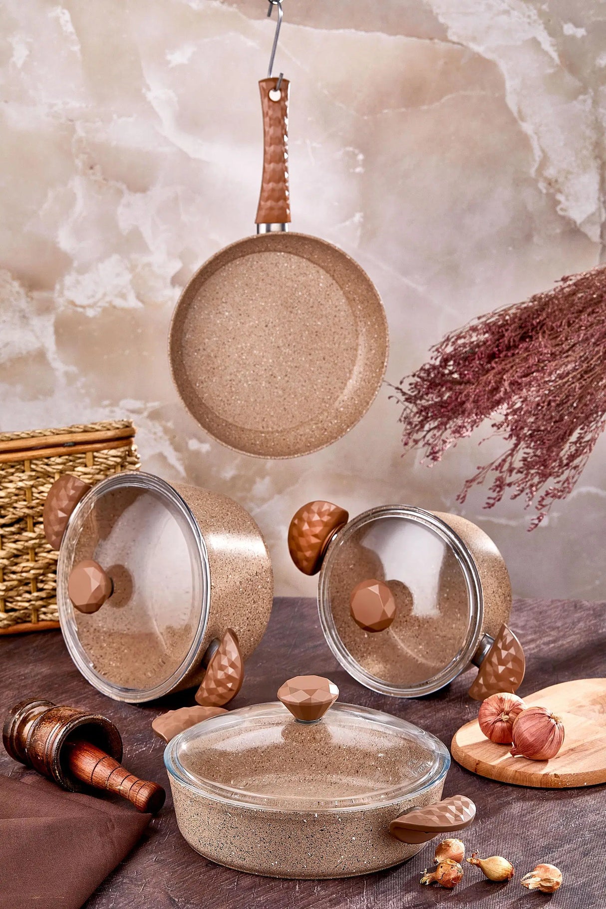 TAÇ EV Stone 7 Parça Granit Tencere Seti Cappuccino