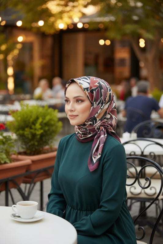 Afvente - Yaprak Desen Kahverengi Soft Pamuk Eşarp