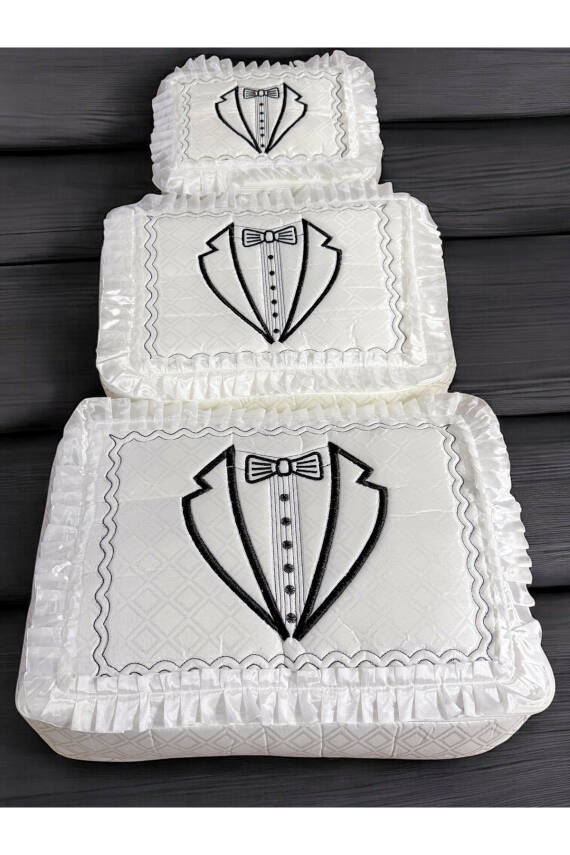 3'lü Damat Fiyonk Figürlü Çeyizlik Saten Bohça Nişan Gelin Damat Hurç Seti (Ekru