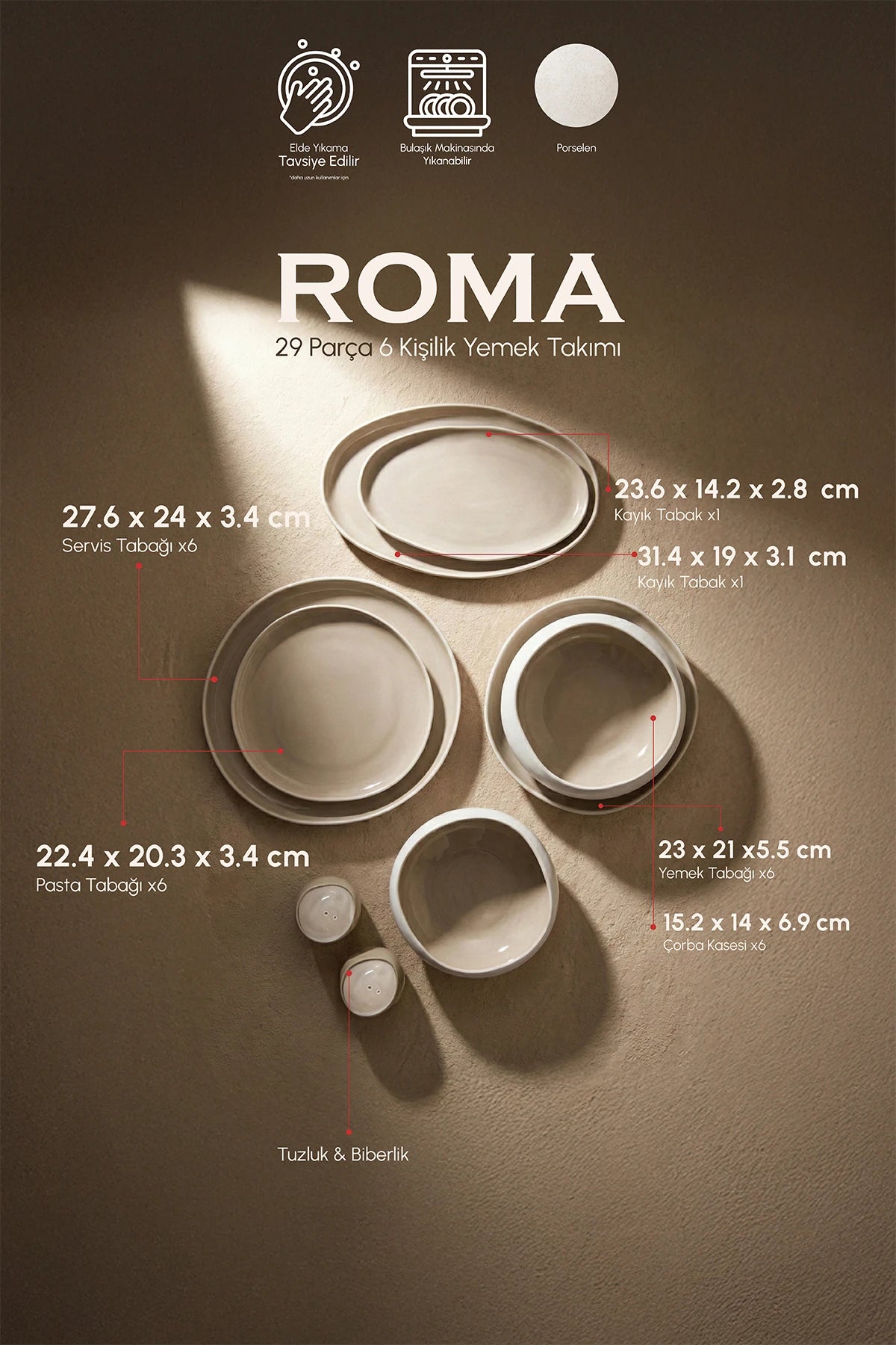 PEROTTİ Roma Beige 29 Parça 6 Kişilik Porselen Yemek Takımı