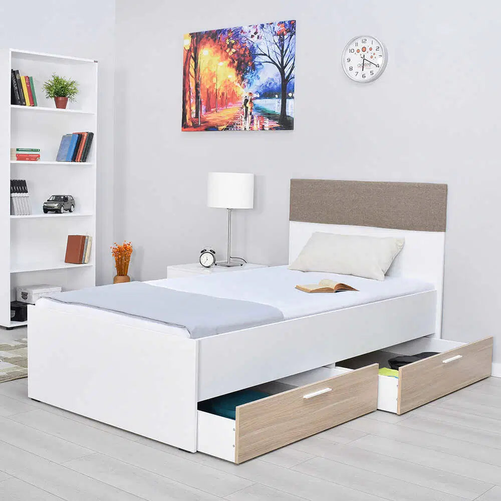 ADORE Base Tek Kişilik 2 Çekmeceli Karyola - İtalyan Meşe-Mat Beyaz 110x105x204