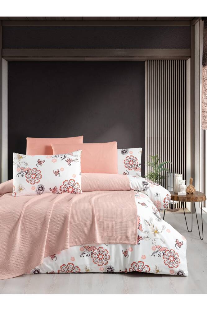 Waffle Desen Pamuklu Çift Kişilik Pikeli 5 Parça Nevresim Takımı (Pembe)