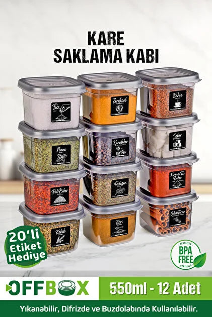 OFFBOX 12 Adet 24 Parça 0,55 Litre Kahvaltılık Erzak Saklama Kabı Baharatlık Set