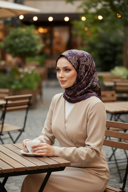 Afvente - Paisley Desen Acı Kahve Soft Pamuk Eşarp