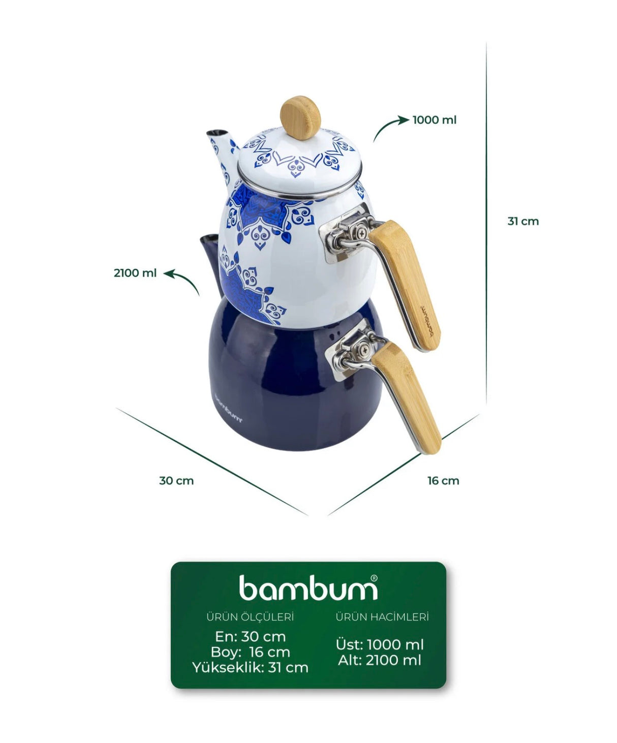 Bambum Unique Bambu Kulplu Emaye Çaydanlık Takımı Lacivert