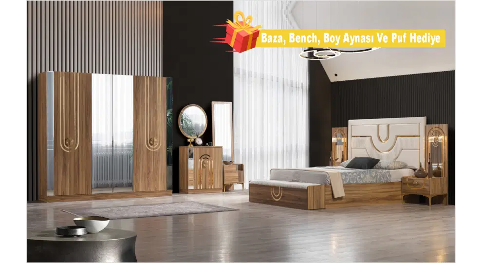 FLYMOB Sıla Ceviz Yatak Odası Baza, Bench, Boy Aynası Ve Puf Hediye