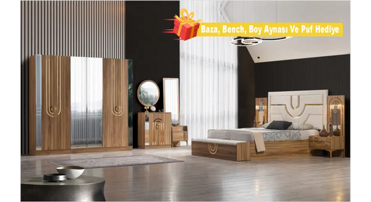 FLYMOB Sıla Ceviz Yatak Odası Baza, Bench, Boy Aynası Ve Puf Hediye