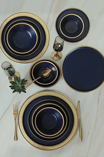 KERAMIKA Mat Lacivert Gold Fileli Yemek Takımı 24 Parça 6 Kişilik