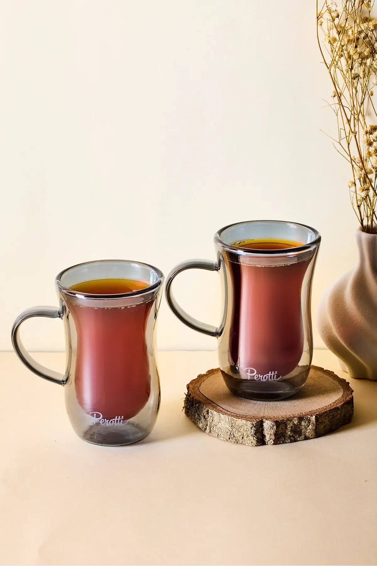 PEROTTI Füme 2'li Isıya Dayanıklı Çift Cidarlı Kulplu Cam Çay Bardağı 150 ml