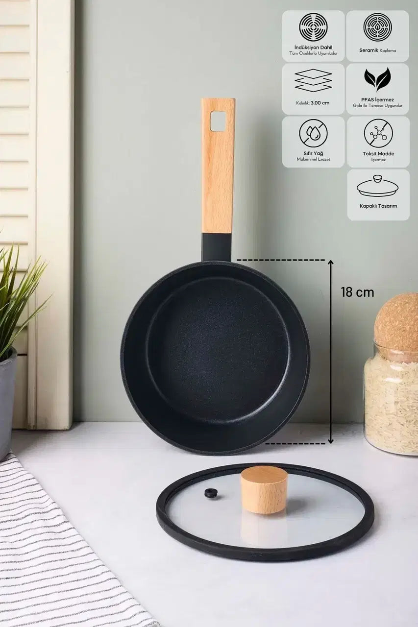 PEROTTI CookWood Black İndüksiyon Tabanlı Ahşap Saplı Kapaklı Tencere 18CM
