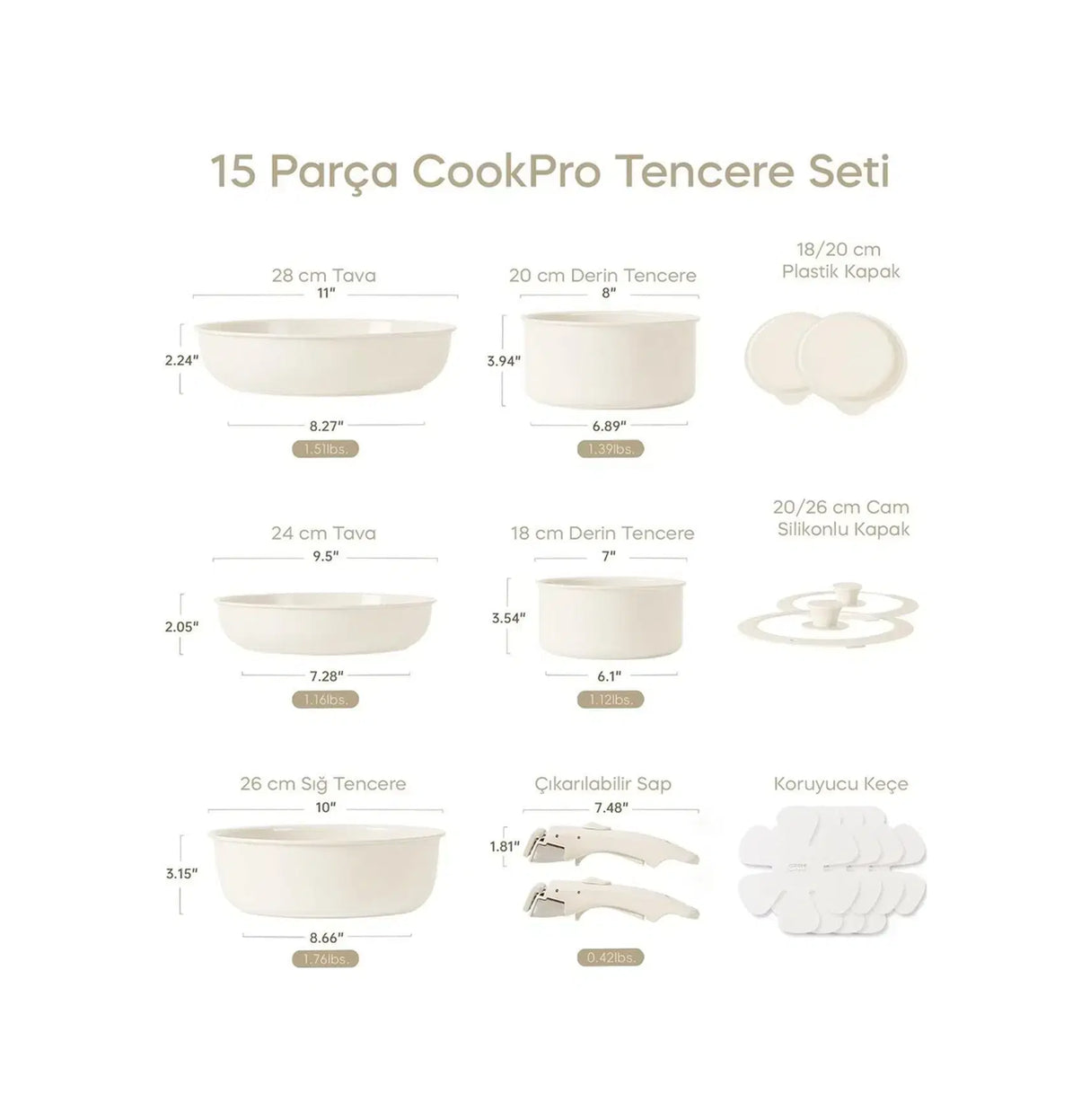 PEROTTI Cookpro Beige 15 Parça Ayrılabilen Saplı Iç Içe Geçebilen Indüksiyonlu