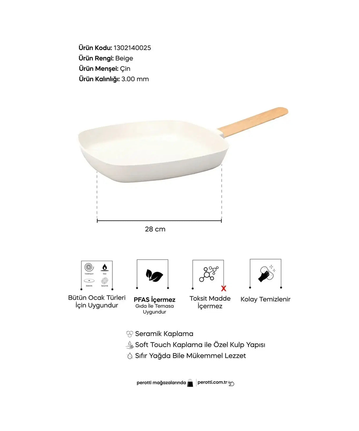 PEROTTI Danish Cook Beige İndüksiyon Tabanlı Grill Tava 28 cm
