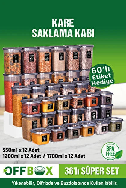 OFFBOX 36 Adet 72 Parça 0,55-1,2-1,7 Litre Kare Erzak Bakliyat Saklama Kabı Seti