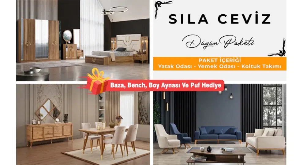 FLYMOB Sıla Ceviz Düğün Paketi Baza, Bench, Boy Aynası Ve Puf Hediye