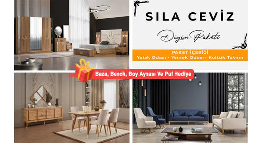 FLYMOB Sıla Ceviz Düğün Paketi Baza, Bench, Boy Aynası Ve Puf Hediye