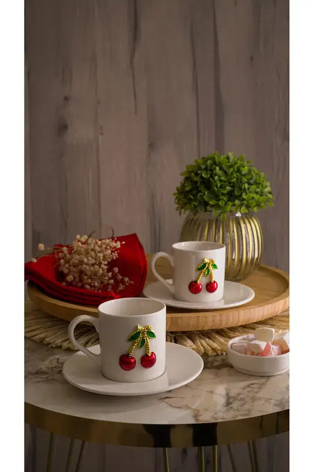 KITCHEN LIFE 4 Parça 2 Kişilik Porselen Kirazlı Kahve Fincan Takımı 100ml