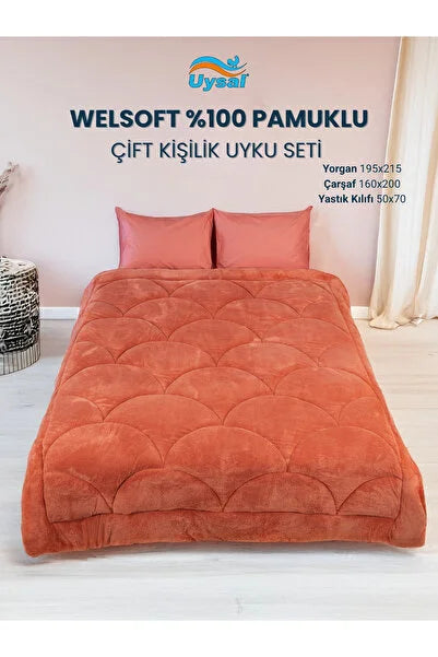 UYSAL WELSOFT AKFİL MİDYE DESEN ÇİFT KİŞİLİK UYKU SETİ TURUNCU 195x215