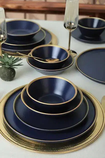 KERAMIKA Mat Lacivert Gold Fileli Yemek Takımı 24 Parça 6 Kişilik