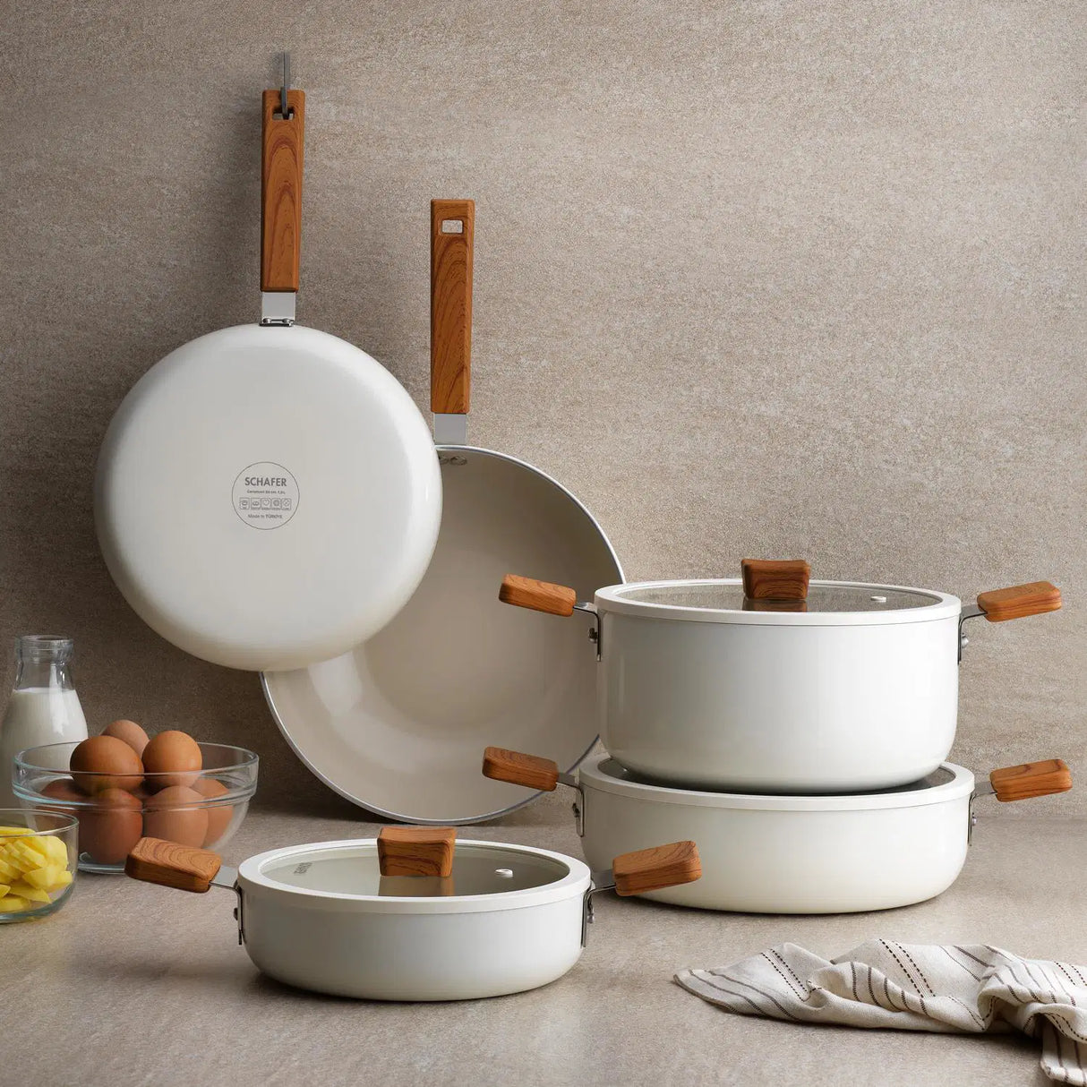 SCHAFER Ceramoni Seramik Basık Krem Tencere - 30cm