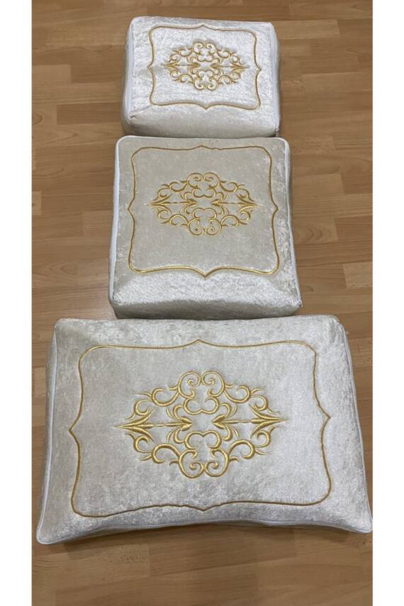 Çeyizlik Kadife Gold Işlemeli 3'lü Cappuccino Bohça Nişan Gelin Hurcu (Kahve)