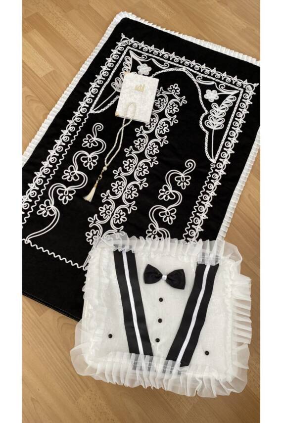 Damat Figürlü 4 Parça Kadife Seccade Çeyizlik Bohça Gelin Damat Seti (SİYAH)