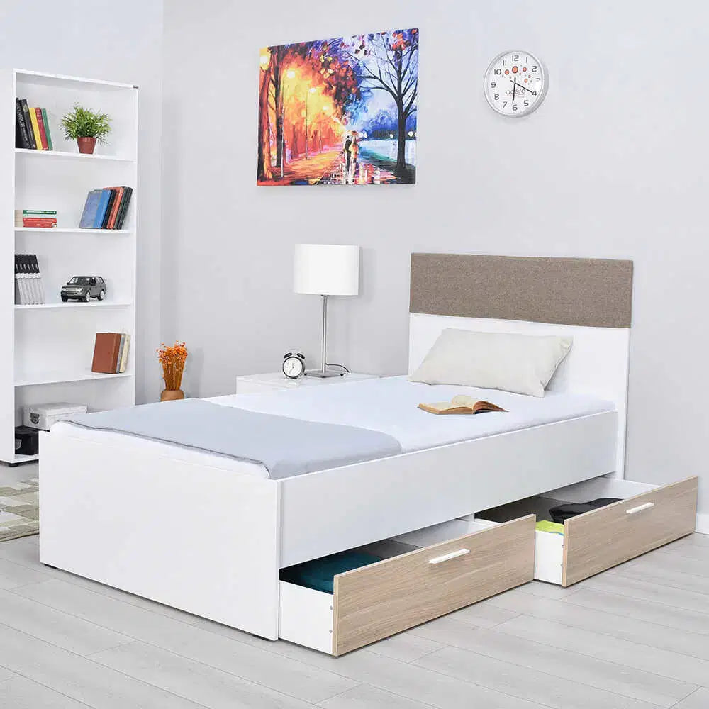 ADORE Base Tek Kişilik 2 Çekmeceli Karyola - İtalyan Meşe-Mat Beyaz 110x105x204