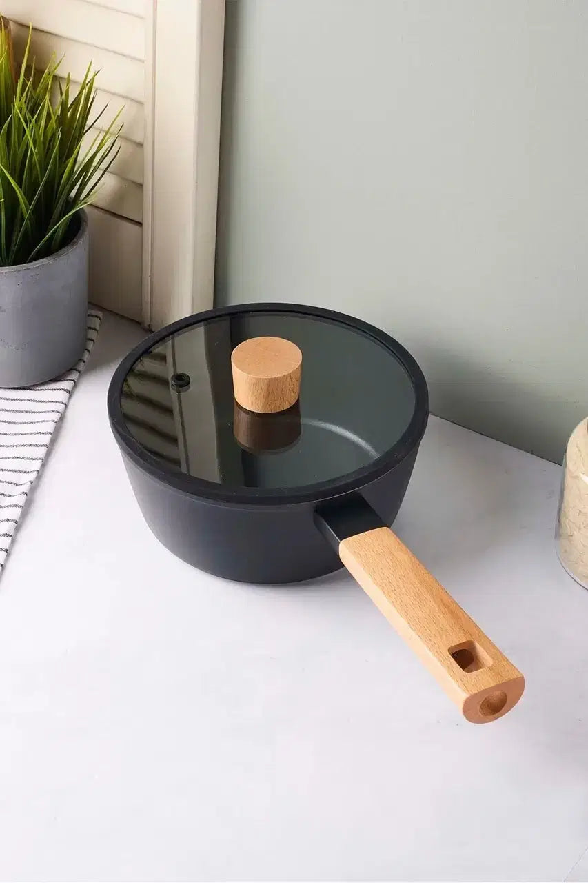 PEROTTI CookWood Black İndüksiyon Tabanlı Ahşap Saplı Kapaklı Tencere 18CM