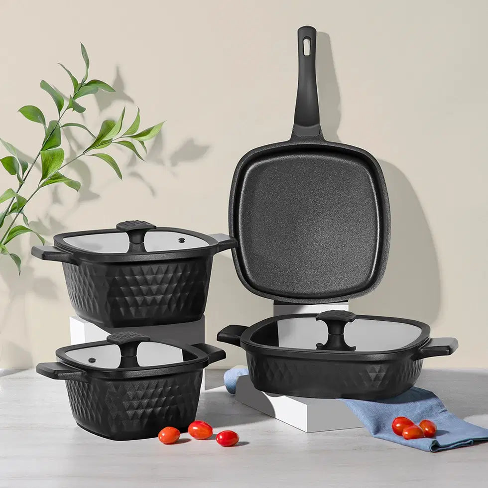NEHIR Royal Elite Square Siyah Alüminyum Döküm 7 Parça Tencere Set