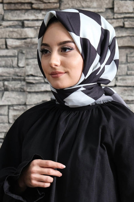 Afvente - Kareli Desen Siyah - Beyaz Pamuk Eşarp