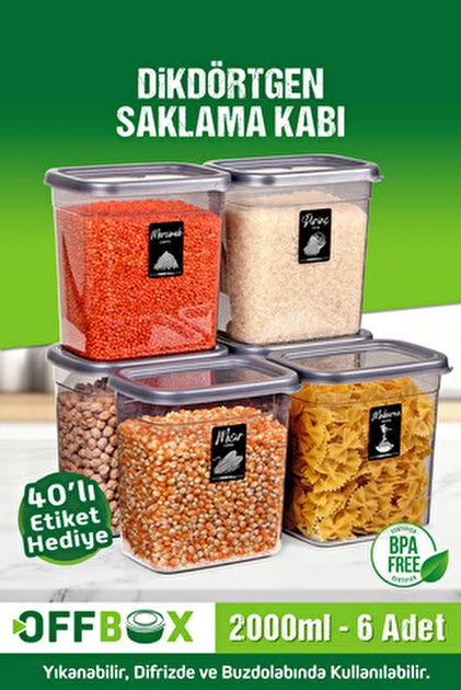 OFFBOX 6 Adet 12 Parça 2 Litre Dikdörtgen Erzak Bakliyat Saklama Kabı Baharatlık