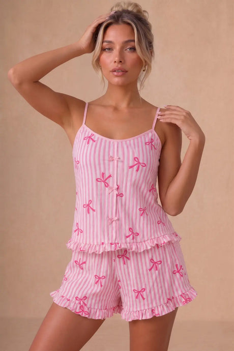 Bella Notte Lila Fiyonk Desenli Fırfırlı Şortlu Pijama Takımı 79301