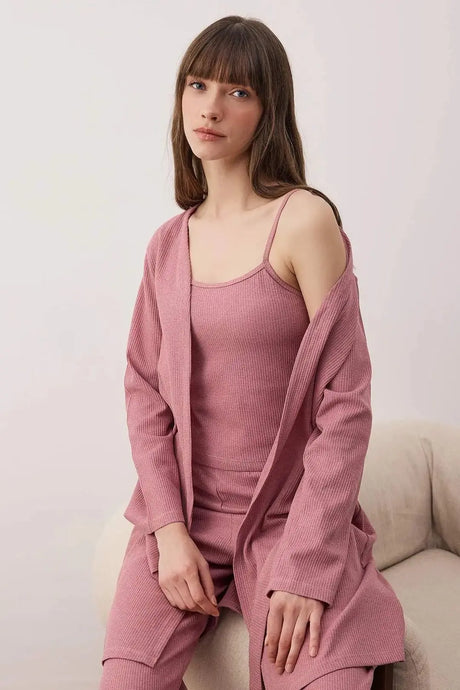 Bella Notte Kadın Gül Kurusu Waffle Dokulu 3’lü Sabahlıklı Pijama Takımı 61113 - Gül Kurusu