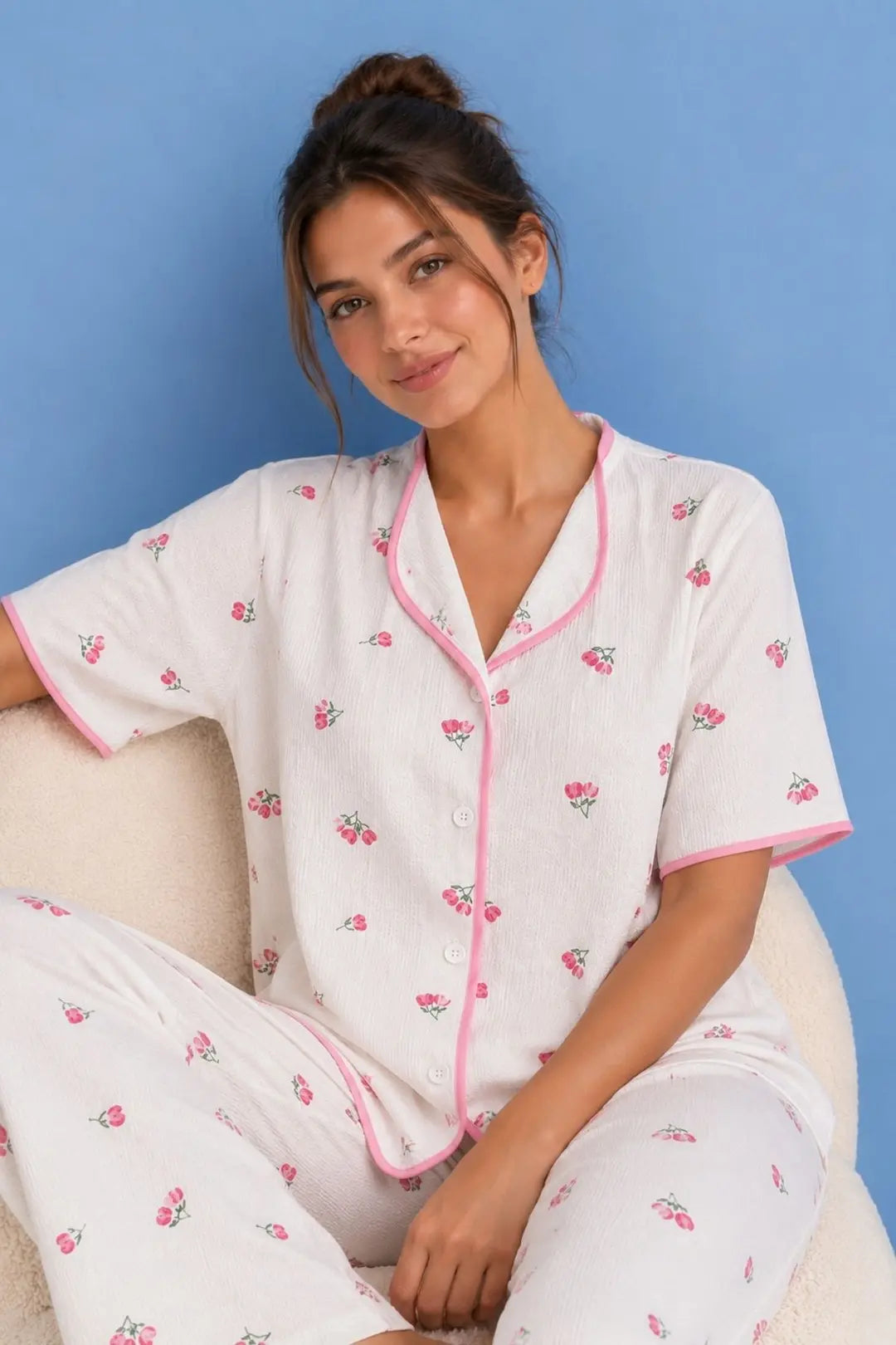 Bella Notte Ekru Pembe Çiçek Desenli Biyeli Pijama Takımı 61043 - Ekru