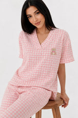 Bella Notte Pembe Beyaz Pötikare V Yaka Kısa Kollu Pijama Takımı 61251 - Pembe