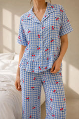 Bella Notte Kadın Mavi Pötikare Kiraz Desenli Fırfırlı Pijama Takımı 61239 - Mavi