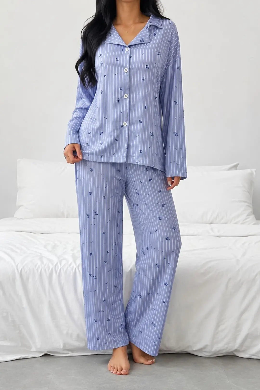 Bella Notte Mavi Çiçek Desenli Belmando Dokuma Uzun Kollu Düğmeli Pijama Takımı 61305 - Mavi