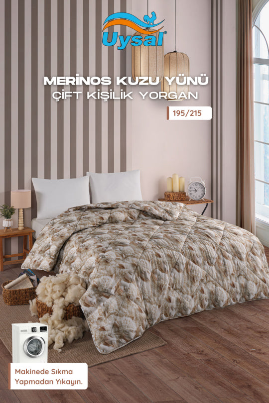 Uysal Home Merinos Kuzu Yünü Yorgan %100 Pamuklu Kuzu Desenli V2 Çift Kişilik