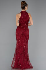 Bordo Halter Yaka Boncuklu Uzun Balık Abiye ABU4791