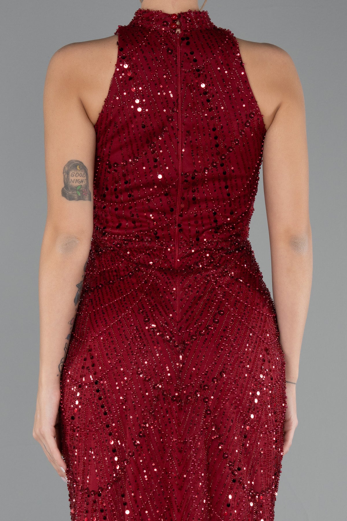 Bordo Halter Yaka Boncuklu Uzun Balık Abiye ABU4791