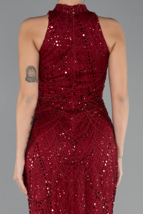 Bordo Halter Yaka Boncuklu Uzun Balık Abiye ABU4791