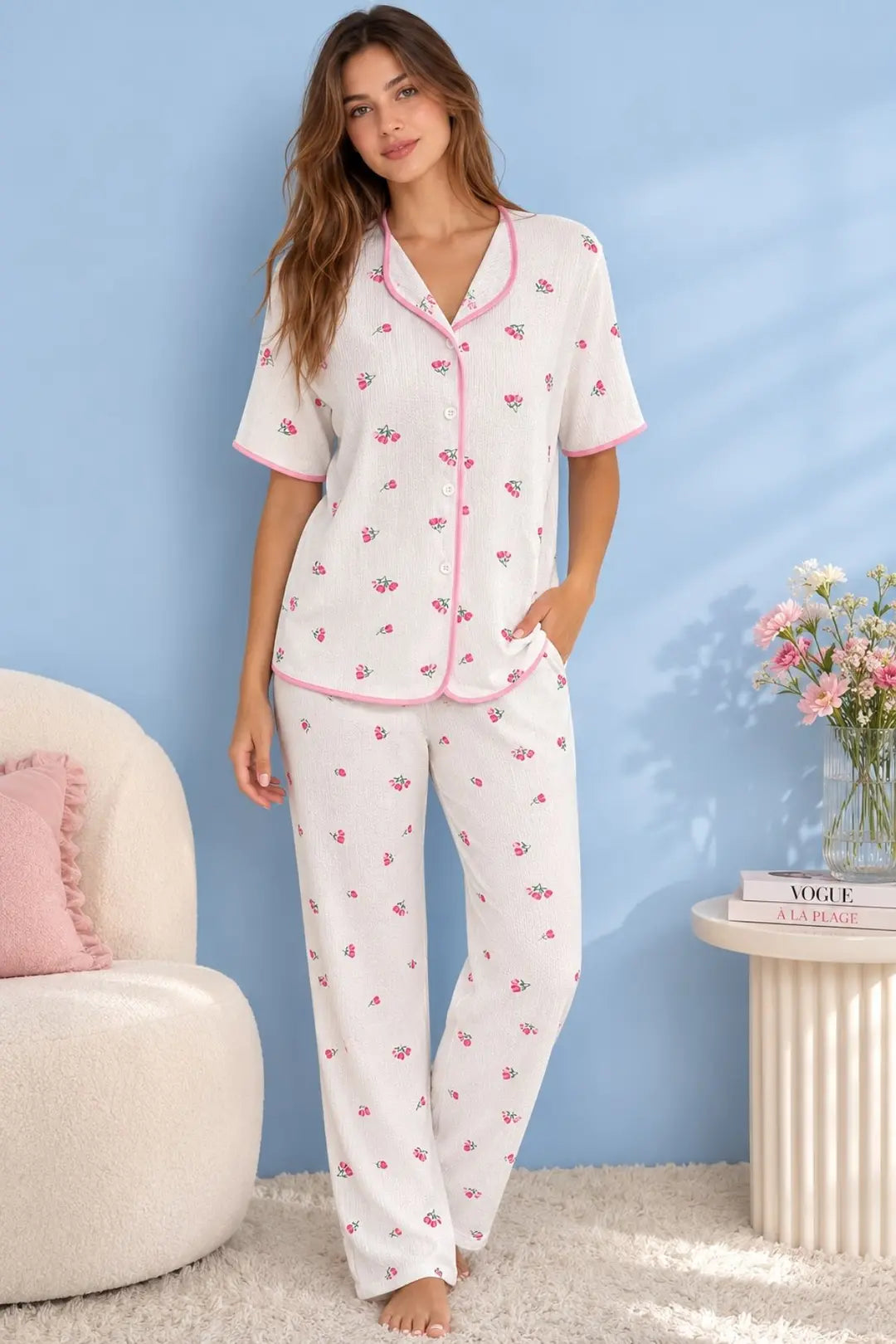 Bella Notte Ekru Pembe Çiçek Desenli Biyeli Pijama Takımı 61043 - Ekru