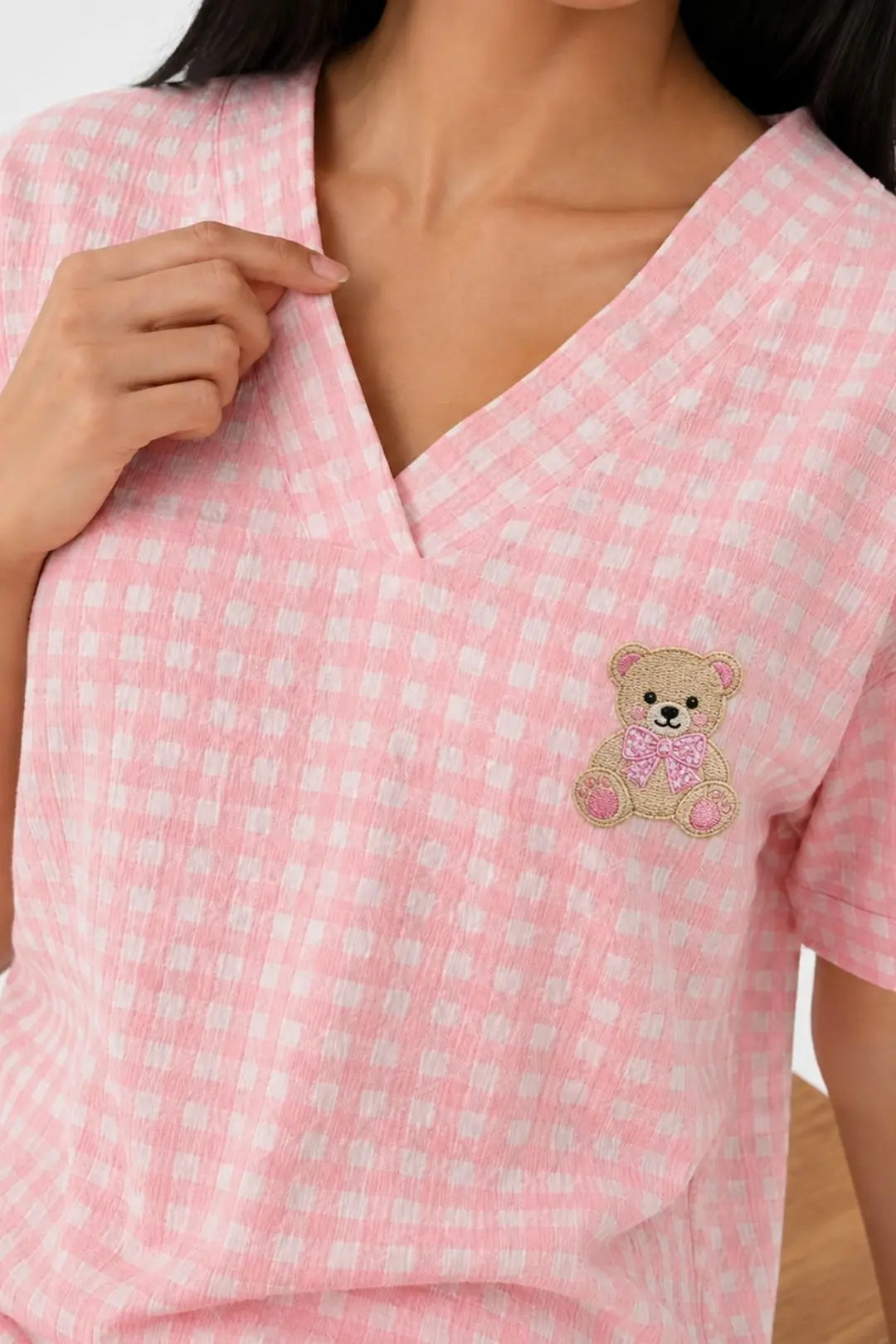 Bella Notte Pembe Beyaz Pötikare V Yaka Kısa Kollu Pijama Takımı 61251 - Pembe