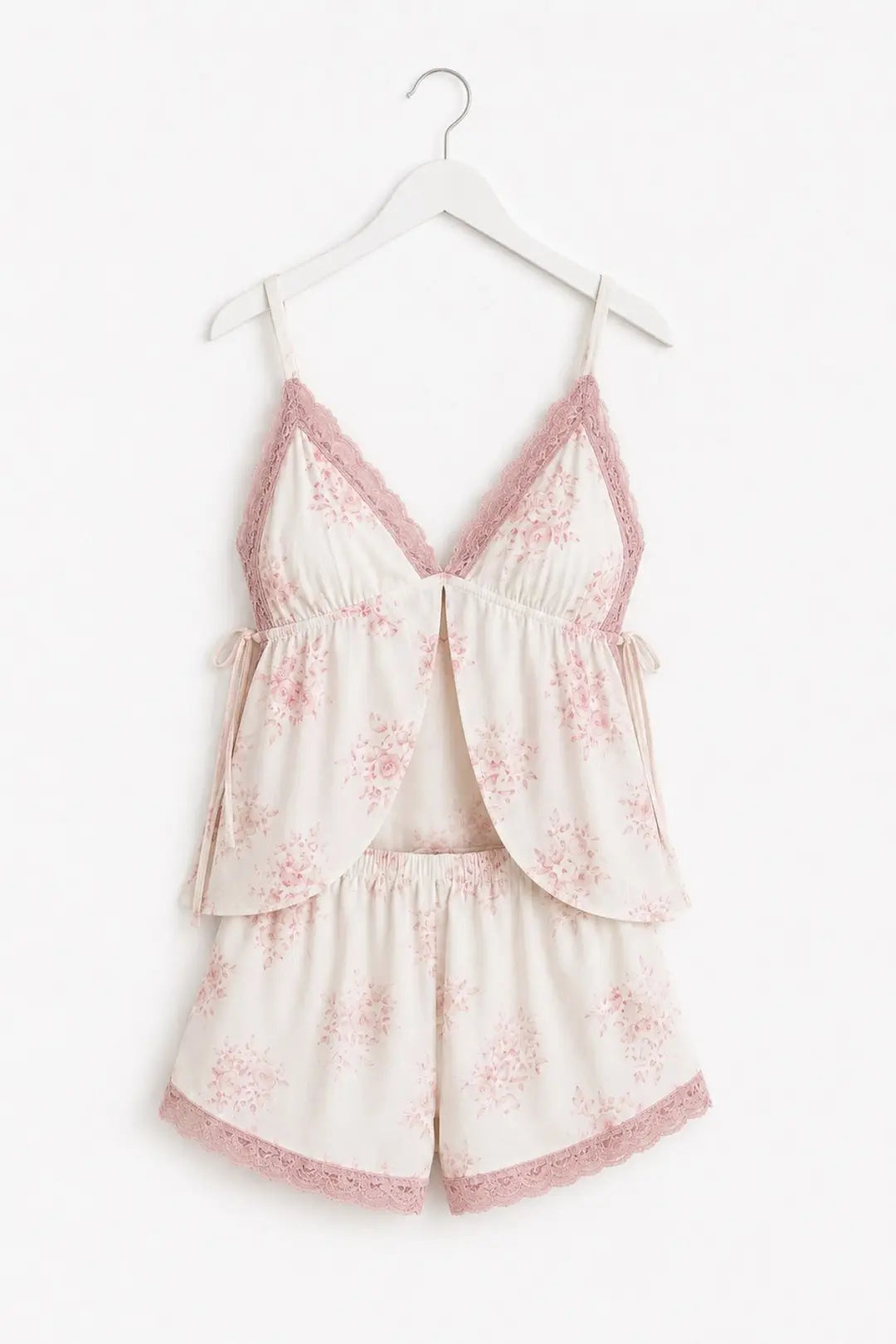 Bella Notte Ekru Pembe Çiçek Desenli Dantel Detaylı Bağlamalı Şortlu Pijama Takımı 79339 - Ekru