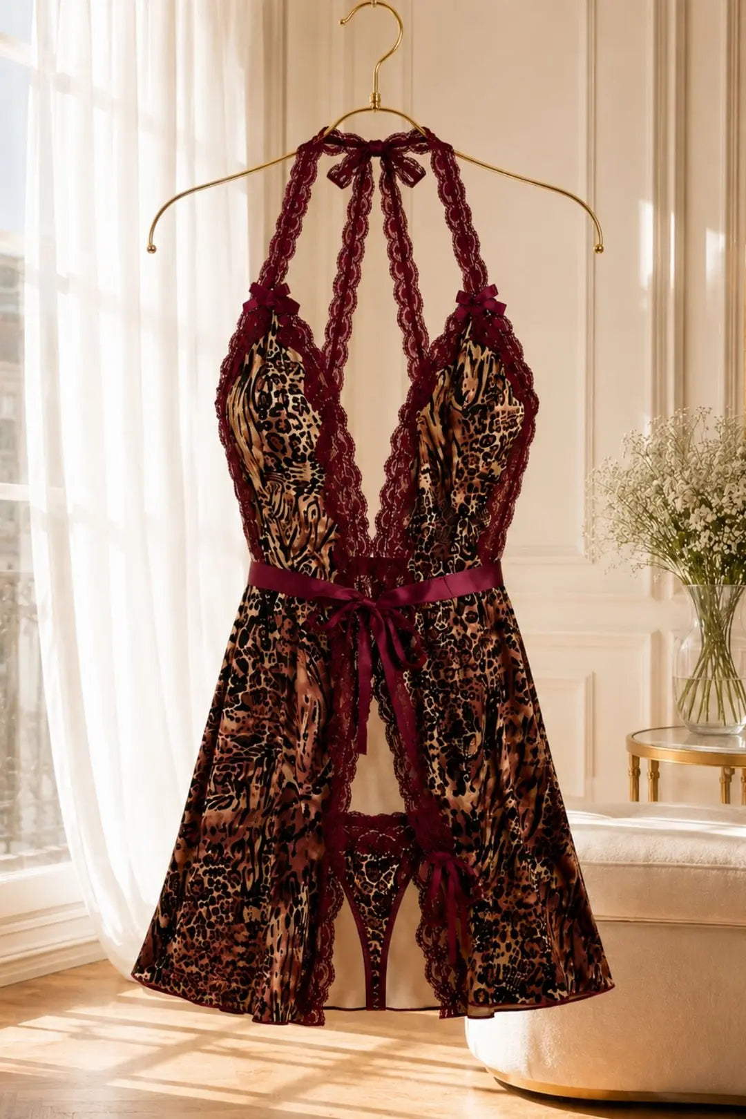 Bella Notte Leopar Desenli Bordo Dantel Detaylı Gecelik ve Külot Takımı 36173 - Leopar