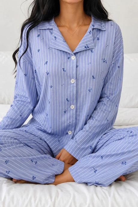 Bella Notte Mavi Çiçek Desenli Belmando Dokuma Uzun Kollu Düğmeli Pijama Takımı 61305 - Mavi