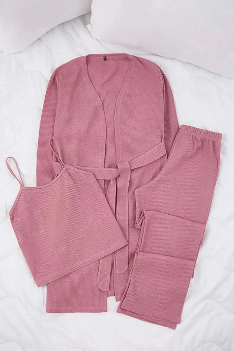 Bella Notte Kadın Gül Kurusu Waffle Dokulu 3’lü Sabahlıklı Pijama Takımı 61113 - Gül Kurusu