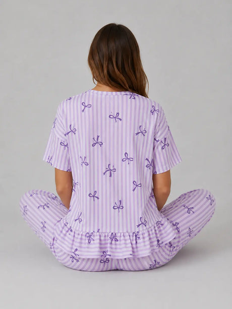 Pamuklu Lila Çizgili Fiyonk Desenli Bağlama Detaylı Kadın Pijama Takımı - Lila