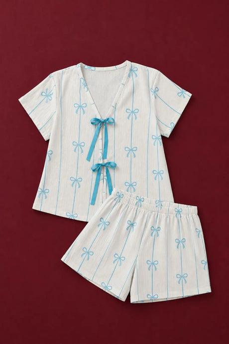 Bella Notte Ekru Zeminli Mavi Fiyonk Desenli Önden Bağlamalı Şortlu Pijama Takımı 79241 - Ekru